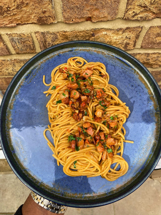 Spaghetti and Pancetta in Soy Bean Paste